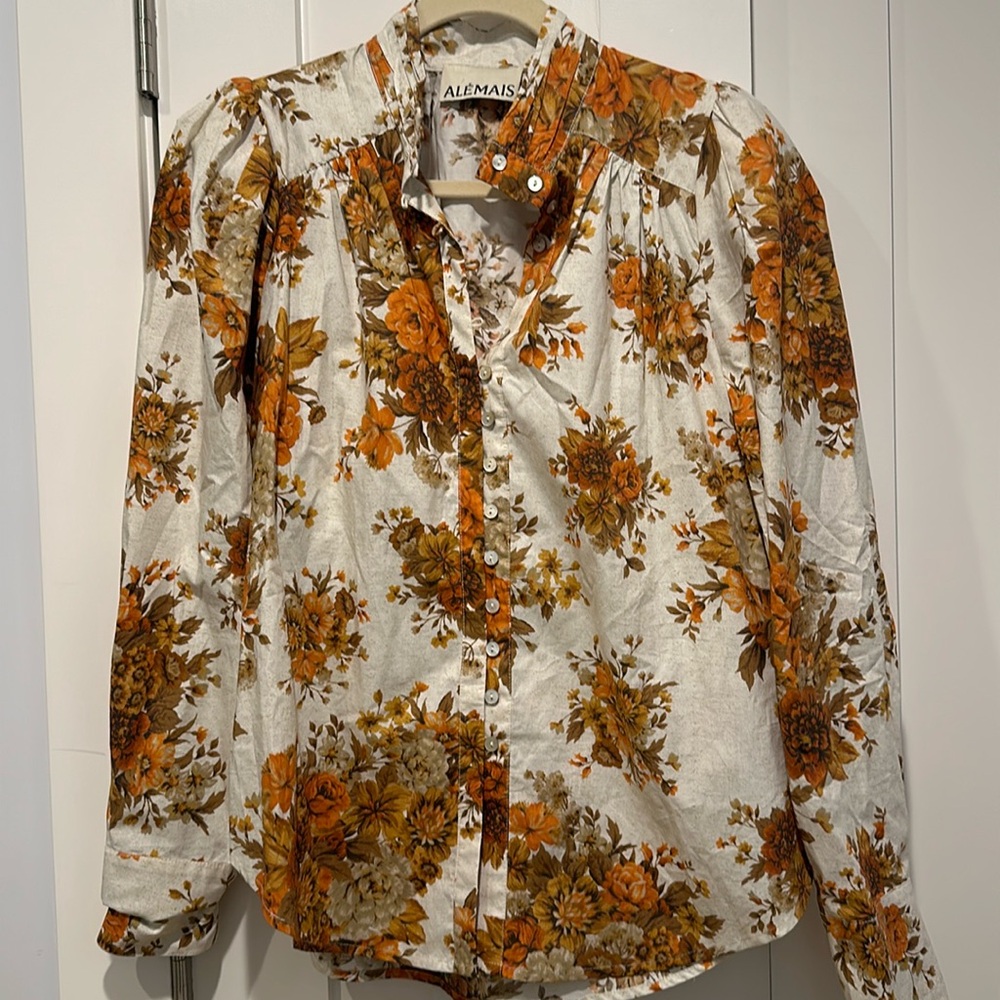 ALÉMAIS The Alemais Derby Dloral Puff Sleeve Long Sleeve Button Blouse size 10